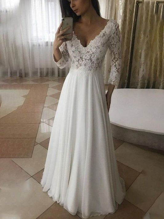 3/4 Applique Chiffon A-Line/Princess Sleeves V-neck Floor-Length Wedding Dresses