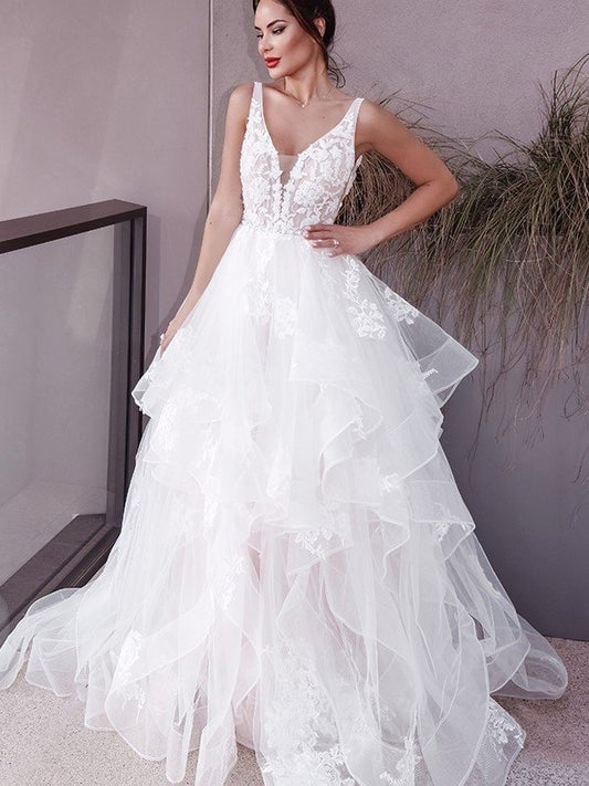 Tulle Sleeveless Sweep/Brush Applique A-Line/Princess V-neck Train Wedding Dresses