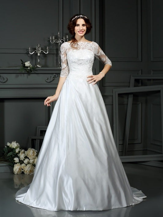1/2 Sleeves Long Bateau A-Line/Princess Lace Satin Wedding Dresses