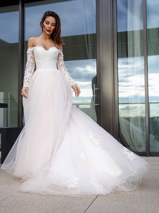 Sleeves Court Long Tulle A-Line/Princess Off-the-Shoulder Applique Train Wedding Dresses