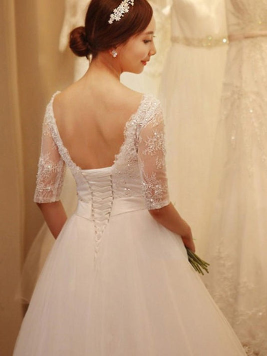 1/2 Beading Tulle Gown Chapel Sleeves Off-the-Shoulder Ball Train Wedding Dresses