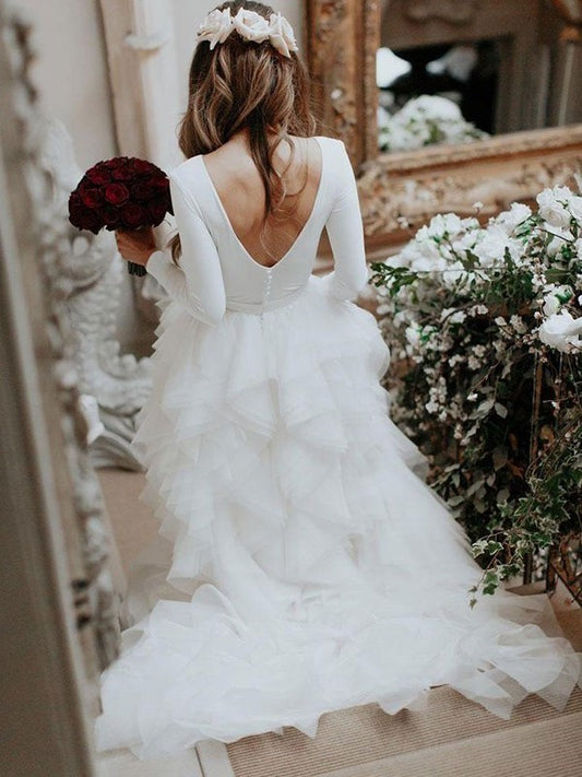 Sleeves Long Sweep/Brush Tulle Ruffles A-Line/Princess Scoop Train Wedding Dresses
