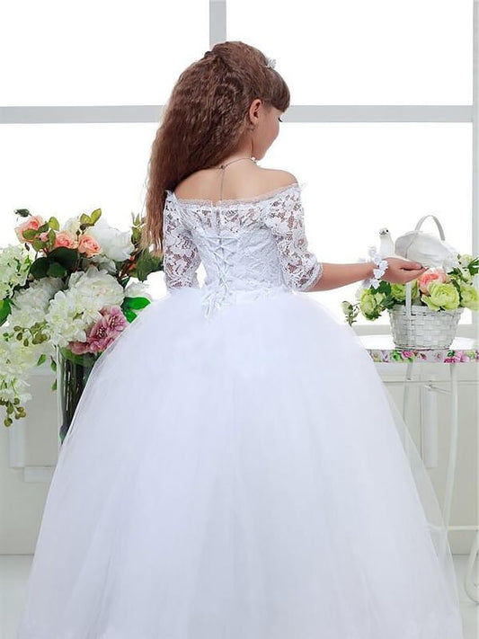1/2 Sleeves Ball Floor-Length Tulle Gown Lace Off-the-Shoulder Flower Girl Dresses