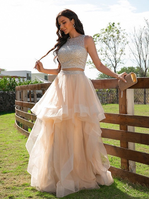 Scoop Floor-Length Sleeveless A-Line/Princess Beading Tulle Two Piece Dresses