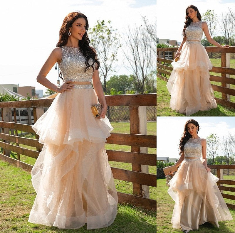 Scoop Floor-Length Sleeveless A-Line/Princess Beading Tulle Two Piece Dresses